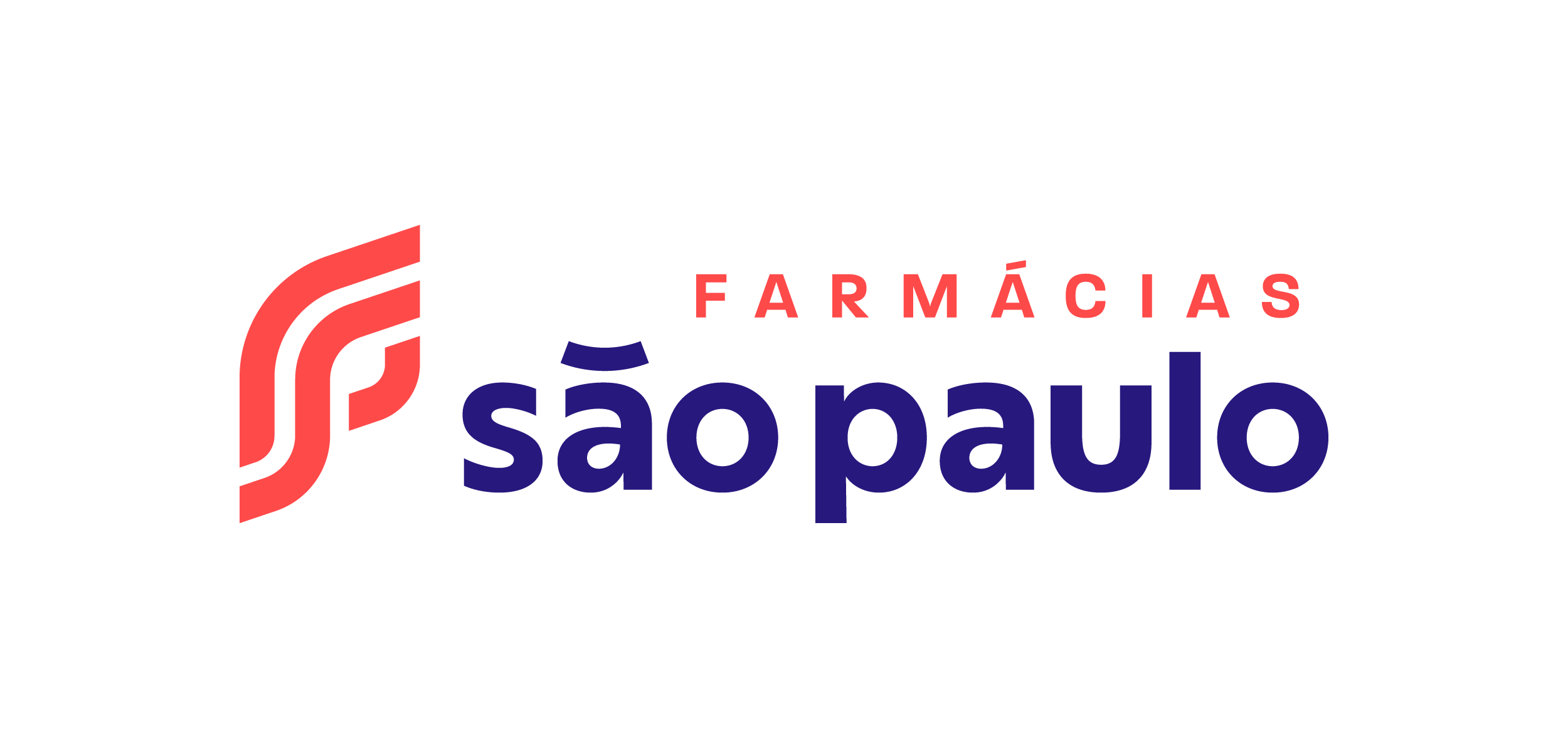 Logo das Farmácias São Paulo, onde fica em destaque o nome da nossa franquia usando as cores vermelha e azul, tendo também a letra F escrita de forma mais curva e estilizada, ela é o simbolo da nossa franquia